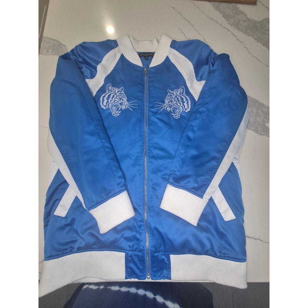 Jaywalker Mens Blue Satin Tiger Embroidered Bomber Jacket Varsity Zip Up Size M
